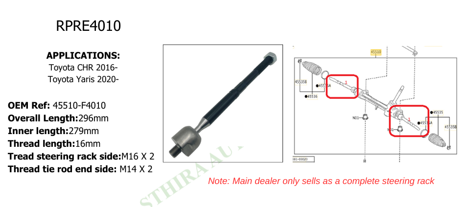 Toyota C-H-R Front Left and Right Inner Tie Rod / Steering Rack End - OEM Ref 45510F4010 - RPRE4010
