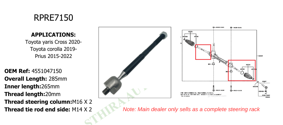 Toyota Corolla E21 Prius 2016- Front Left and Right Inner Tie Rod / Steering Rack End - OEM Ref 4551047150 - RPRE7150